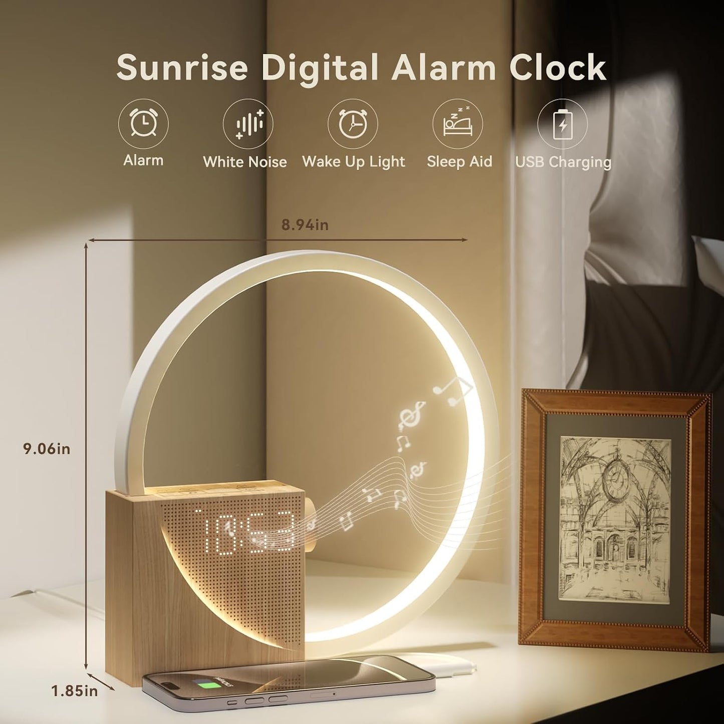 Sunrise Alarm Clock Sound Machine Nightlight, Gradual Wake up Light, Digital Dimmable Clock, 10 White Noise Sleep Sounds, Snooze, Dual Clocks for Heavy Sleeper Adult, Decor Gifts for Women