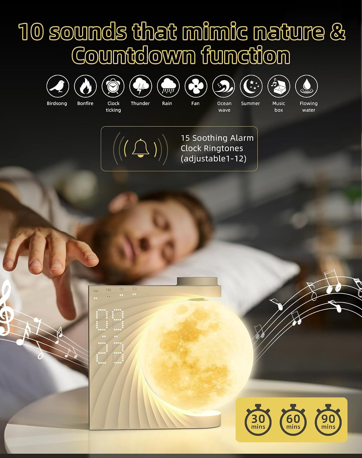 Sunrise Alarm Clock for Bedrooms - Auto-Rotating Moon Lamp with Wake-Up Light & Night Light, 10 Nature Sounds, Dual Alarms for Heavy Sleepers, 30/60/90 Timer & Snooze