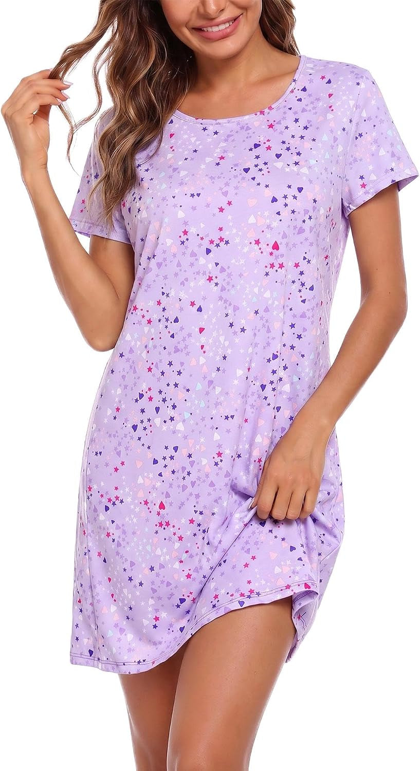 Women Cotton Short Sleeve Print Nightgown Casual Sleepshirt