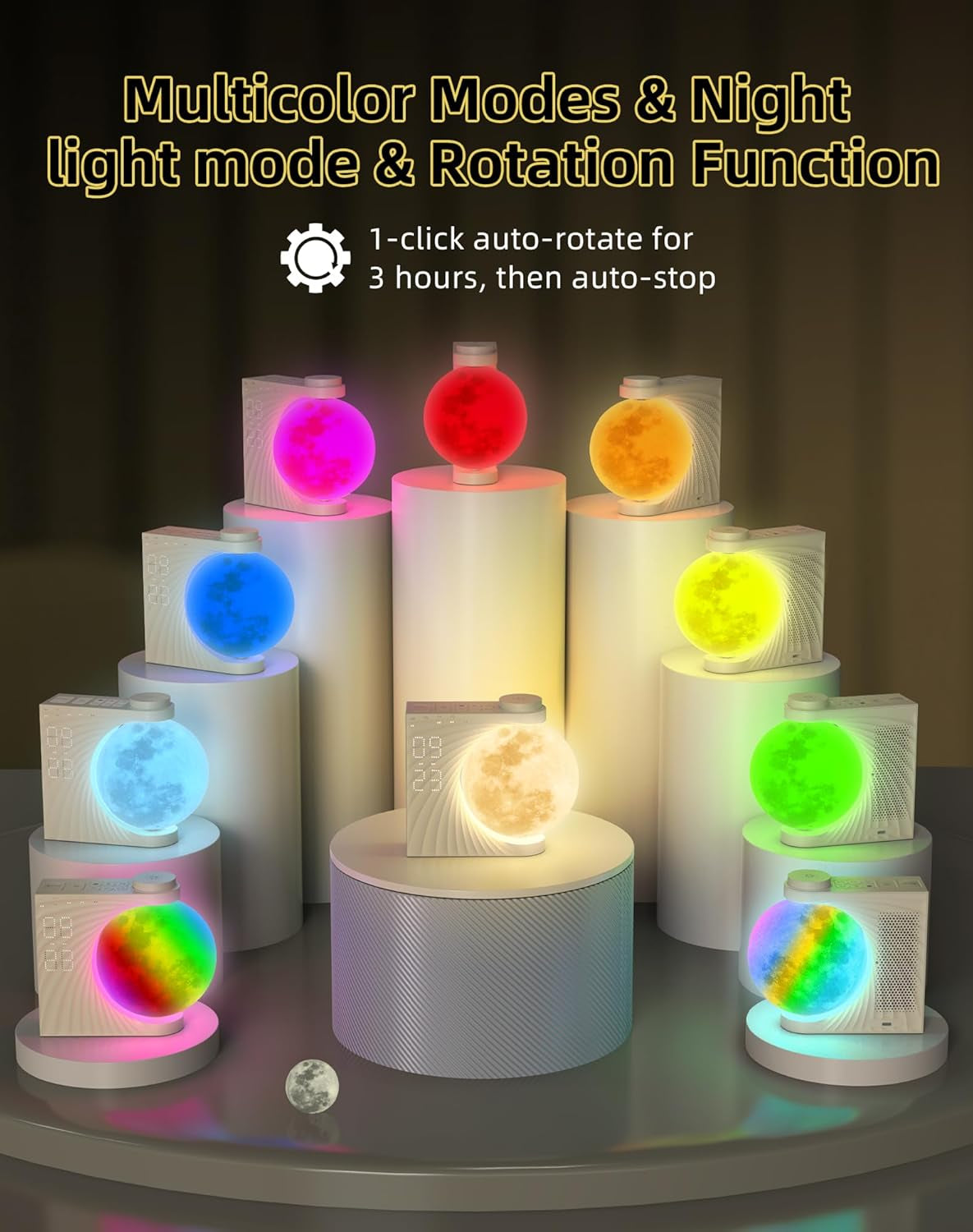 Sunrise Alarm Clock for Bedrooms - Auto-Rotating Moon Lamp with Wake-Up Light & Night Light, 10 Nature Sounds, Dual Alarms for Heavy Sleepers, 30/60/90 Timer & Snooze