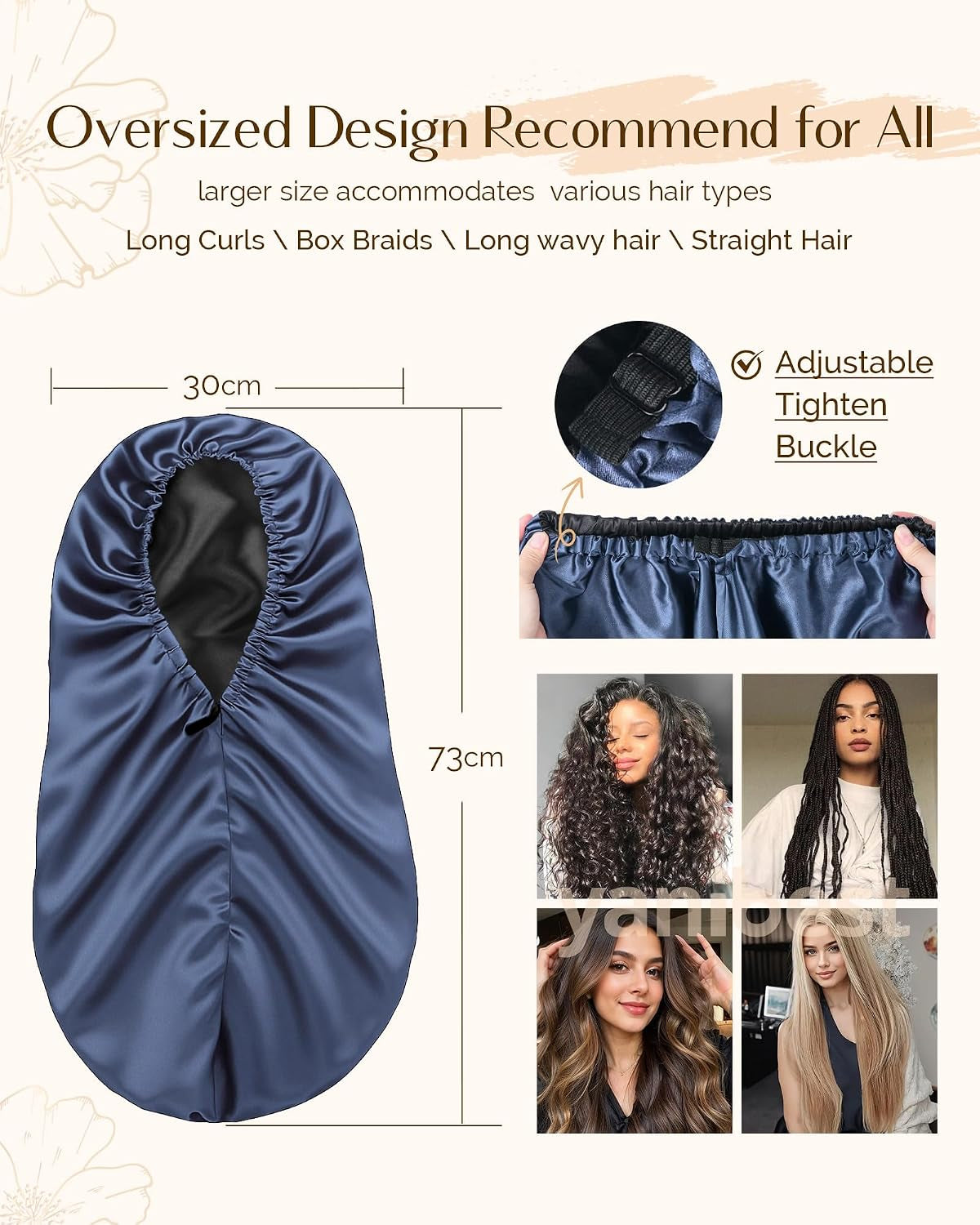 Adjustable Satin Sleep Bonnet, Double Layer Extra Long Hair Bonnet