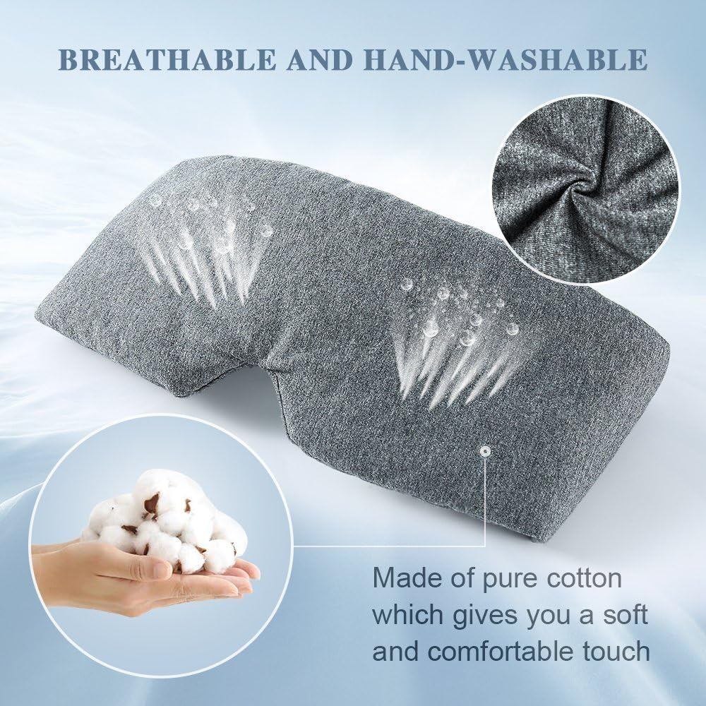 Cotton Sleep Eye Mask for Women Men - 100% Blocking Light Travel Blindfold, Soft Zero Pressure Grey Eyes Cover with Adjustable Velcro Strap for Side Sleeper Night Sleeping, Work Nap and Yoga