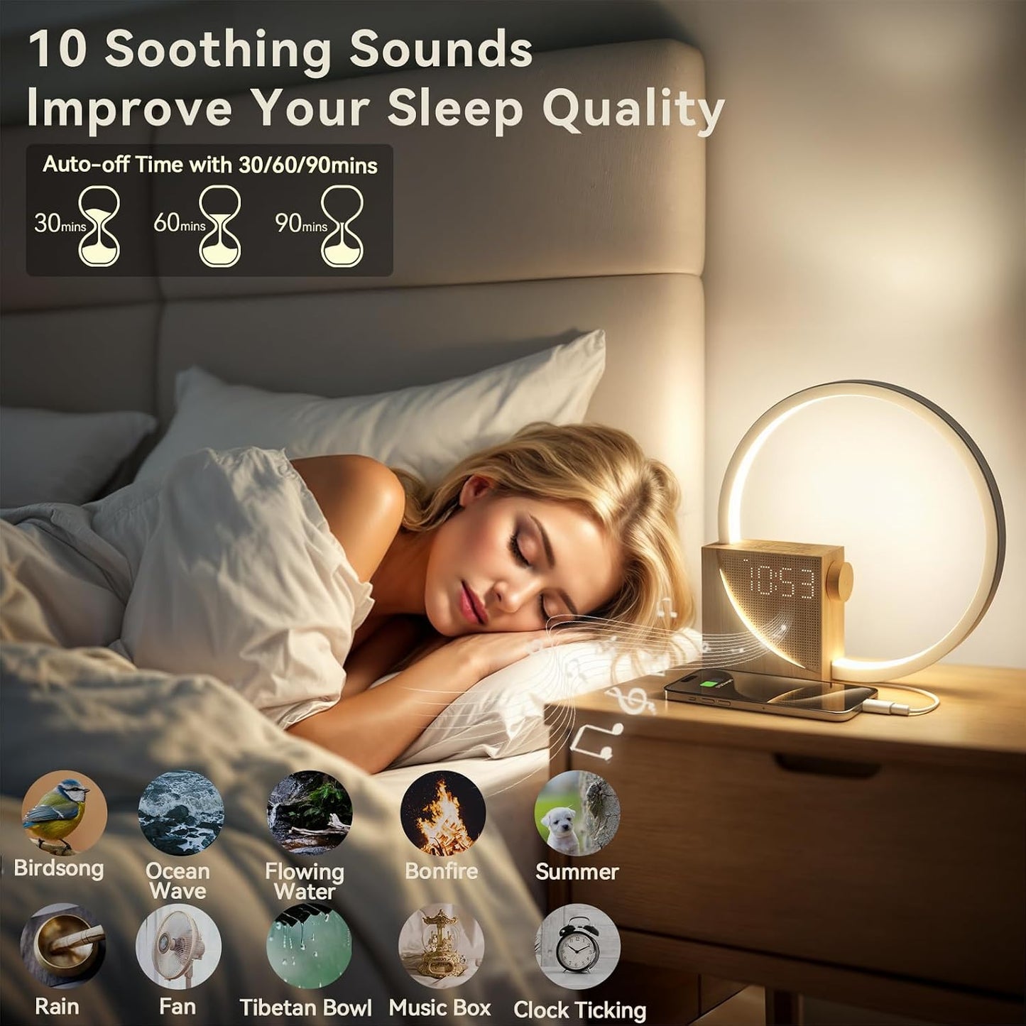 Sunrise Alarm Clock Sound Machine Nightlight, Gradual Wake up Light, Digital Dimmable Clock, 10 White Noise Sleep Sounds, Snooze, Dual Clocks for Heavy Sleeper Adult, Decor Gifts for Women