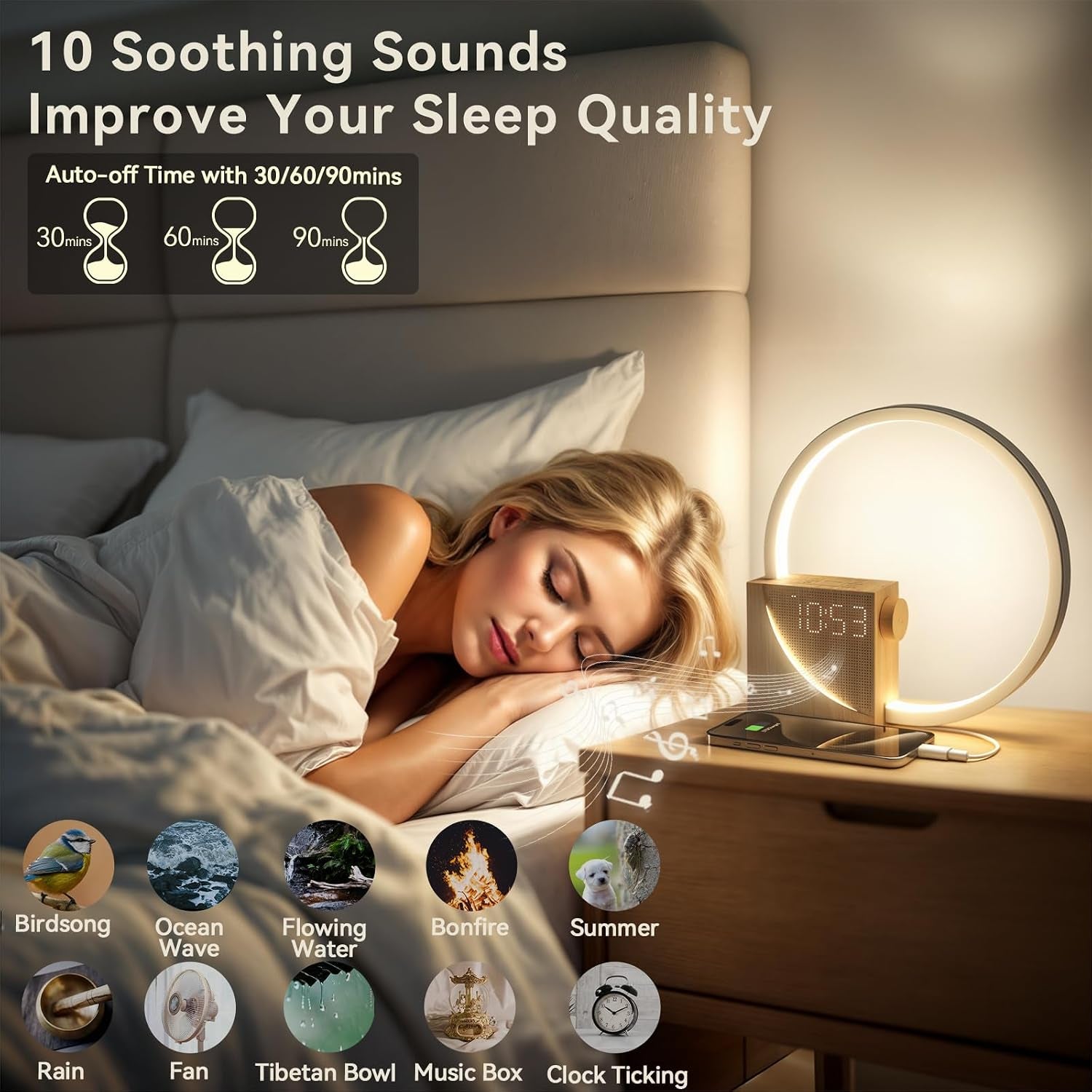 Sunrise Alarm Clock Sound Machine Nightlight, Gradual Wake up Light, Digital Dimmable Clock, 10 White Noise Sleep Sounds, Snooze, Dual Clocks for Heavy Sleeper Adult, Decor Gifts for Women
