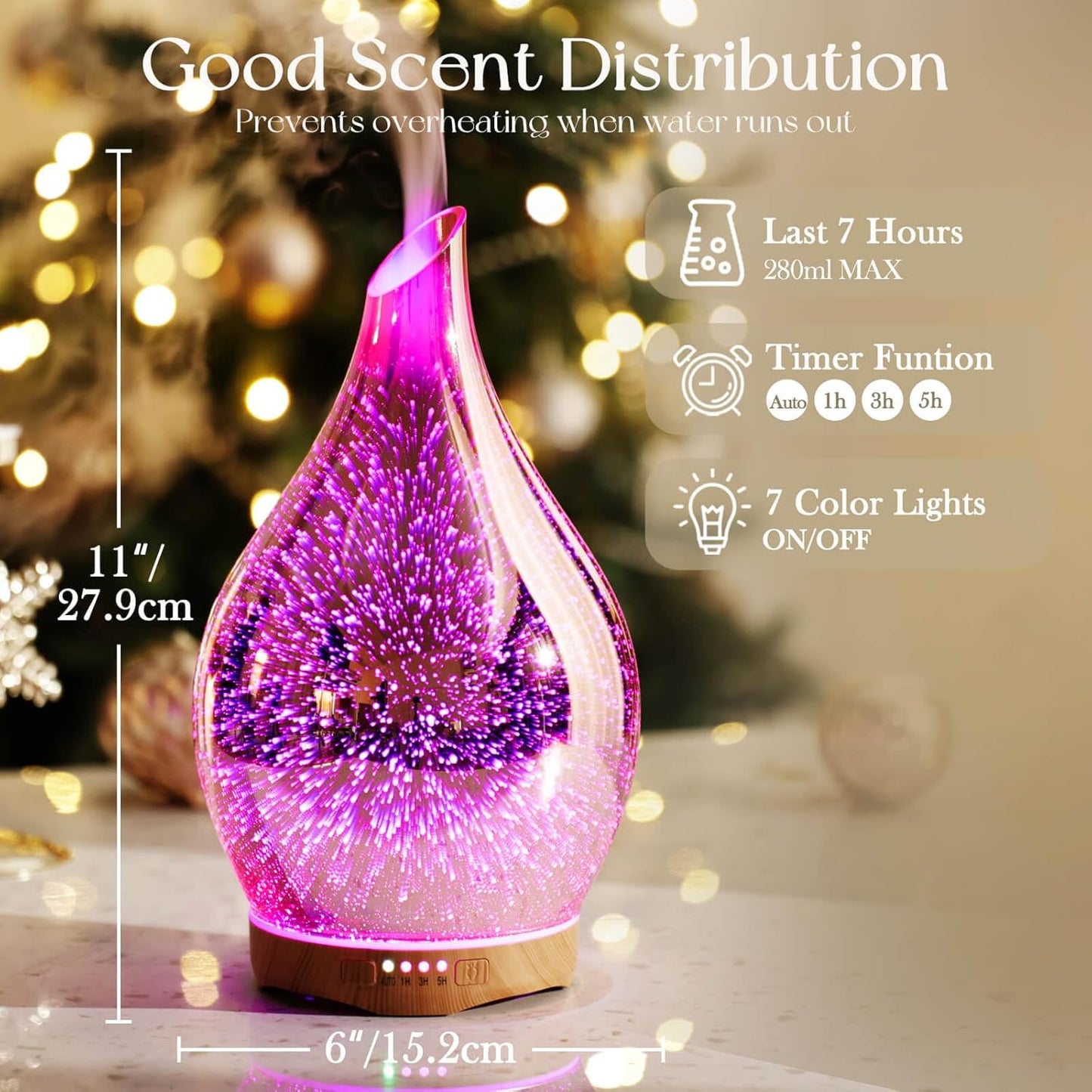 Essential Oil Diffuser 280Ml Handmade Glass Diffuser 7H Runtime