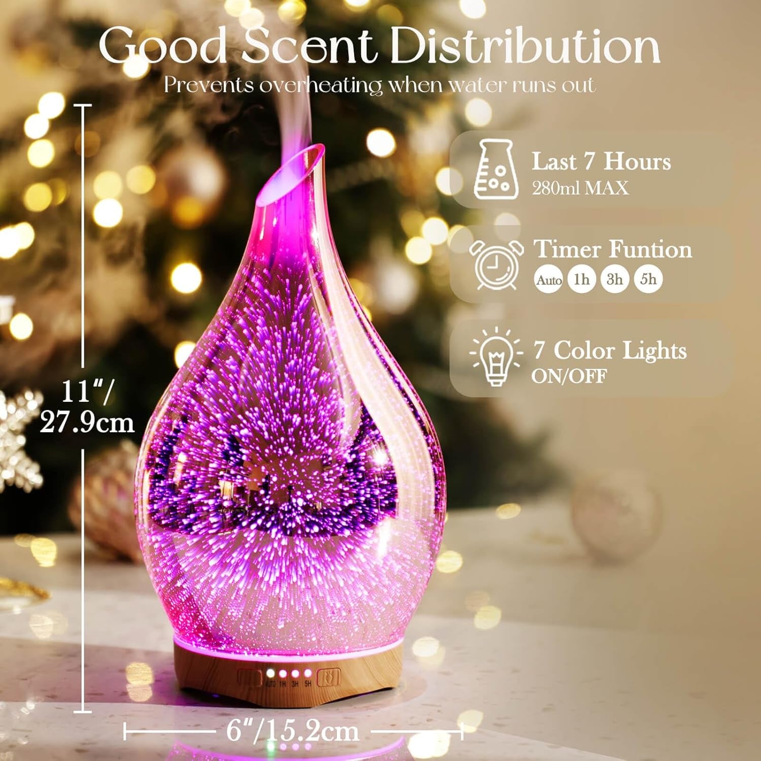 Essential Oil Diffuser 280Ml Handmade Glass Diffuser 7H Runtime