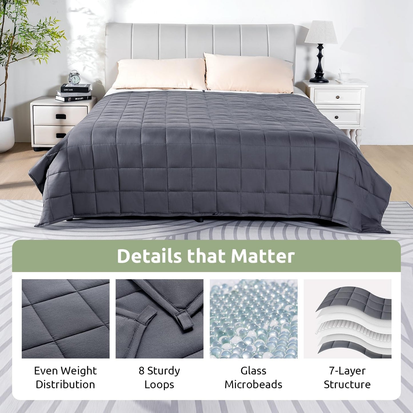Cotton Weighted Blanket for Adults, King Size 80"X87" 30 Lbs | Cooling, Breathable and Soft; Filled with Glass Beads; Washable; Heavy Throw for Calming, Sleep and Nap; Dark Grey