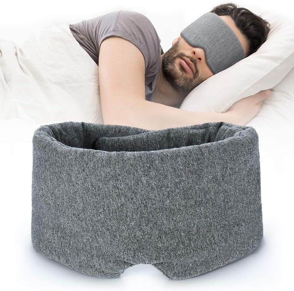 Cotton Sleep Eye Mask for Women Men - 100% Blocking Light Travel Blindfold, Soft Zero Pressure Grey Eyes Cover with Adjustable Velcro Strap for Side Sleeper Night Sleeping, Work Nap and Yoga